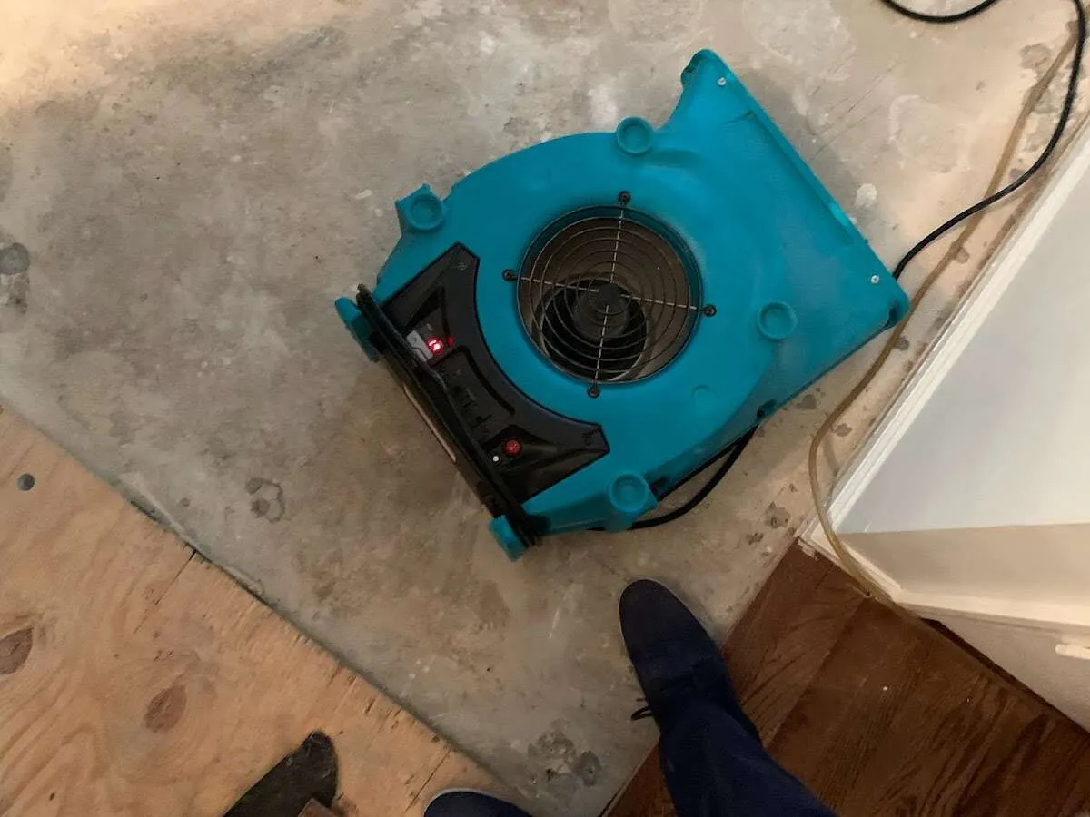 Air mover drying subfloor during Commercial Water Damage Restoration in Urbana